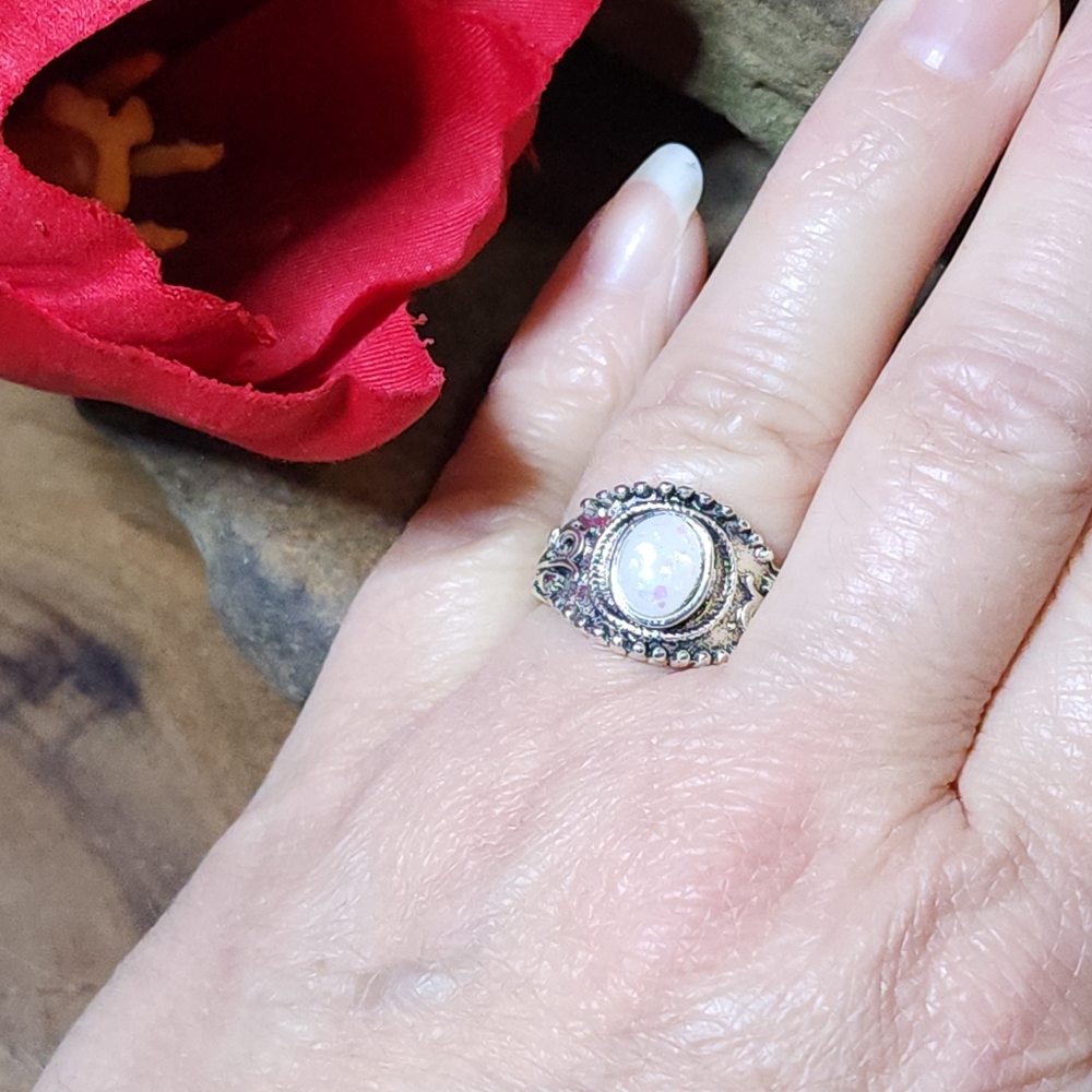 Faux Antique Silver Toned Cocktail Ring With Faux Oval Opal Size 6.5